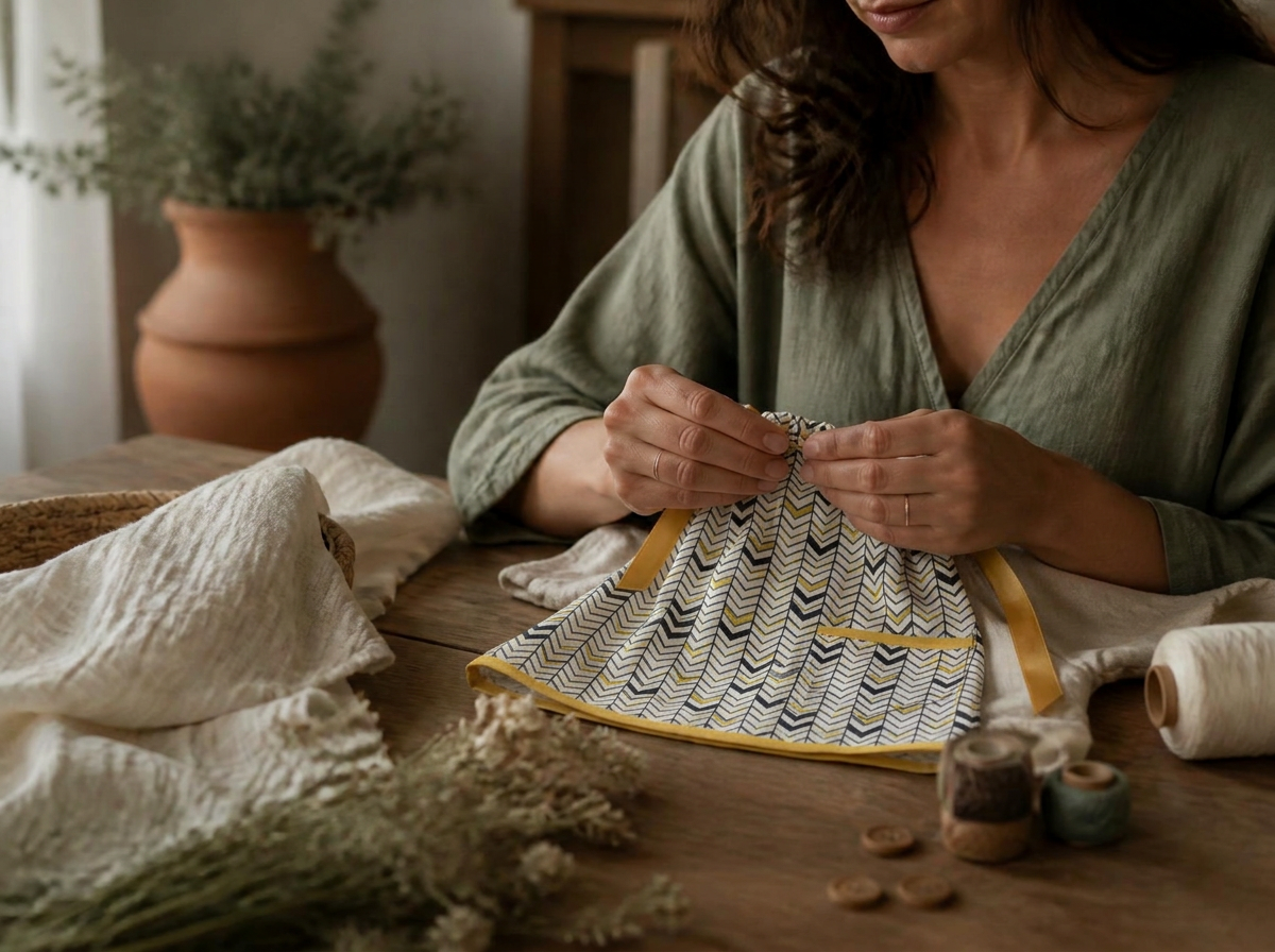 Madre cosiendo a mano el vestido PIL de NexaBaby sobre una mesa de madera